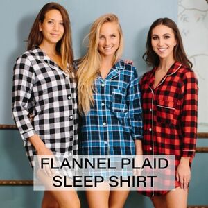 Women's Long Sleeve Flannel Plaid Button Down Sleep Shirt Nightgown Blue